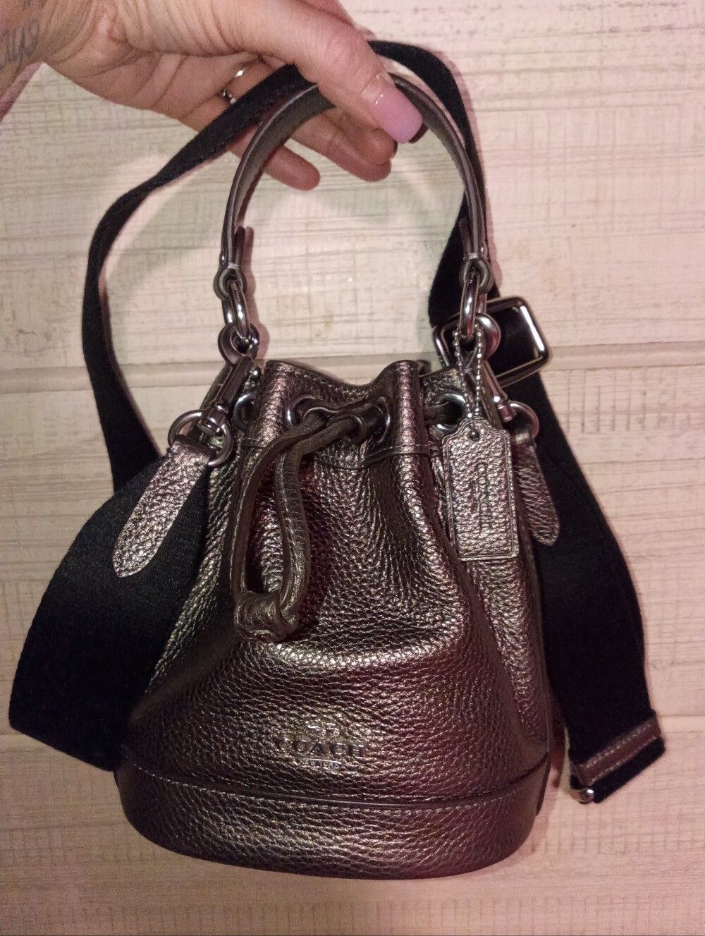 Coach Metallic Pebbled Leather Mini Drawstring Bucket Bag - Bronze